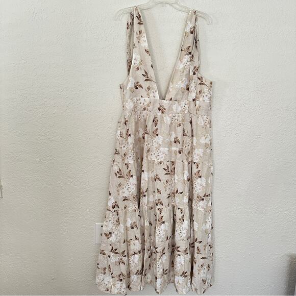 House of Harlow Linen Deep V Tiered Floral Dress In Tan XL - Picture 6 of 6